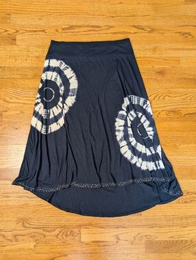 Roz & Ali Midi Skirt Navy Blue Tie Dye Boho Flowy High Low Size L
